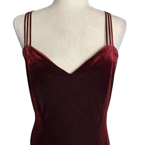 Vintage 80s Velvet Wiggle Maxi Dress XL Red Sweetheart Spaghetti Strap Boning - Picture 2 of 8